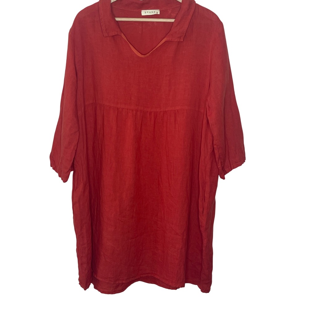 STARK X Women's Red Linen Tunic Dress Smocked Bodice‎ Collar V Neck 3/4 Sleeve